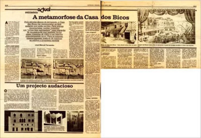 Recorte de jornal com notícia sobre o projeto de reabilitação da Casa dos Bicos e a intervenção arqueológica